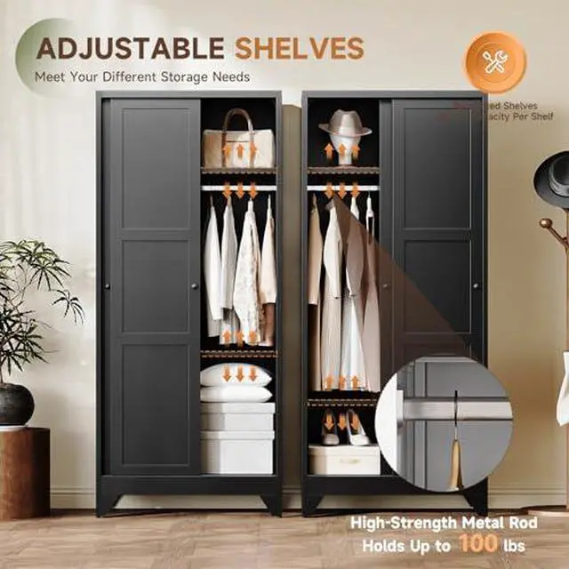 Alt view image 6 of 7 - Armoire Wardrobe Closet,20" Deep Armoire Wardrobe Cabinets with Sliding Doors and Shelves,Narrow Slim Coat Closet Cabinet with Hanging Rod for Home(Black)