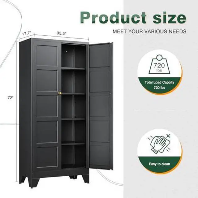 Alt view image 2 of 7 - 72" H Metal Storage Cabinet with 2 Doors and 4 Shelves,Tall Kitchen Pantry Cabinets,Utility Pantry Organizers for Cupboard/Dining/Bathroom/Home Office/Garage (Black, 72" H x 18" D x 33.5" W)