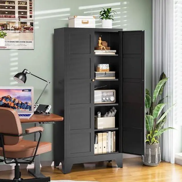 Alt view image 5 of 7 - 71" H Metal Storage Cabinet with 2 Doors and 4 Shelves,Tall Kitchen Pantry Cabinets,Utility Pantry Organizers for Cupboard/Dining/Bathroom/Home Office/Garage (Black, 71" H x 16" D x 32" W)