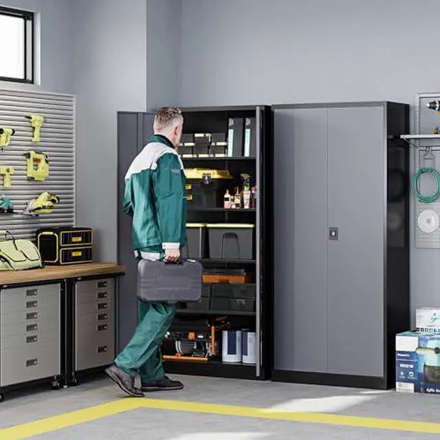 Alt view image 2 of 7 - Metal Garage Storage Cabinets with Lock Door and Adjustable Shelves, Steel Tool Cabinets for Home,Office,Warehouse Organisieren (Black Gray)