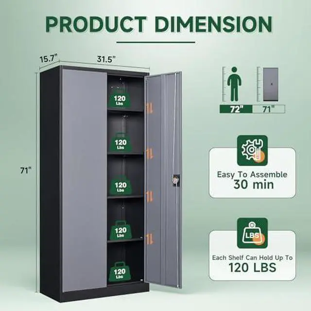 Alt view image 3 of 7 - Metal Garage Storage Cabinets with Lock Door and Adjustable Shelves, Steel Tool Cabinets for Home,Office,Warehouse Organisieren (Black Gray)
