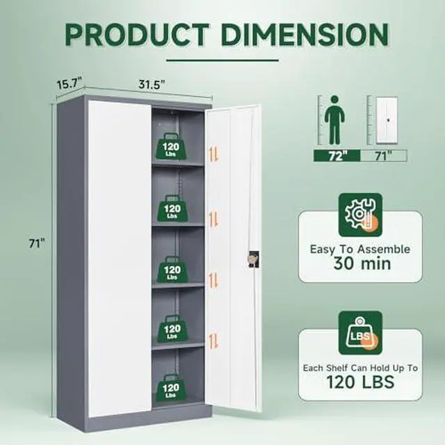 Alt view image 3 of 7 - Metal Garage Storage Cabinets with Lock Door and Adjustable Shelves, Steel Tool Cabinets for Home,Office,Warehouse Organisieren (Gery White, 71" H)