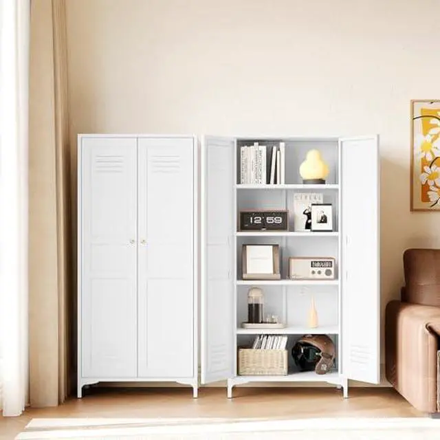 Main image of White Storage Cabinet with Feets-Metal Home Kitchen Pantry Cabinets with Doors and Adjustable Shelves,Organization Locker for Cupboard/Bedroom/Dining/Living/Bathroom/Office/Garage Room (White)