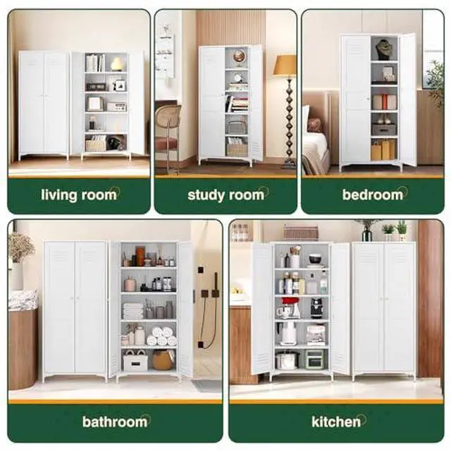 Alt view image 5 of 7 - White Storage Cabinet with Feets-Metal Home Kitchen Pantry Cabinets with Doors and Adjustable Shelves,Organization Locker for Cupboard/Bedroom/Dining/Living/Bathroom/Office/Garage Room (White)
