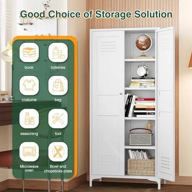 Alt view image 6 of 7 - White Storage Cabinet with Feets-Metal Home Kitchen Pantry Cabinets with Doors and Adjustable Shelves,Organization Locker for Cupboard/Bedroom/Dining/Living/Bathroom/Office/Garage Room (White)
