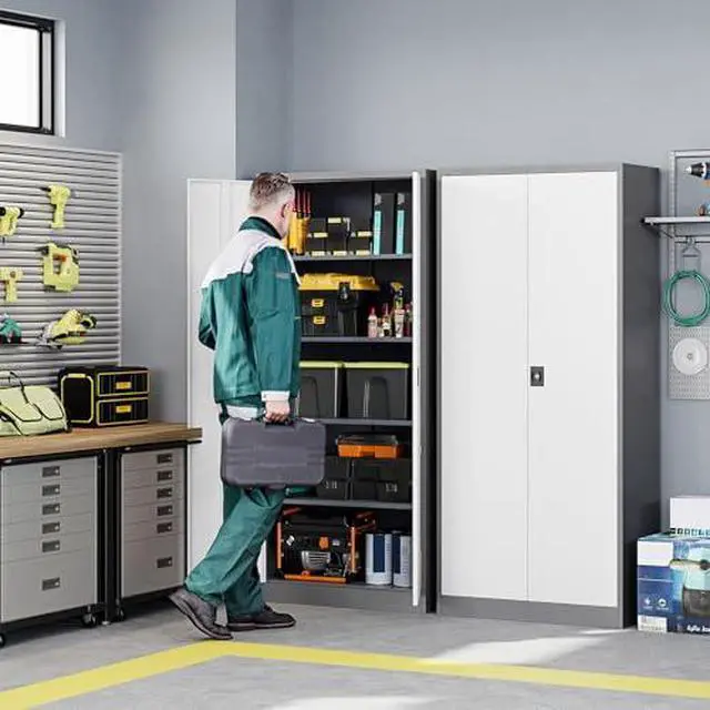 Alt view image 2 of 7 - Metal Garage Storage Cabinets with Lock Door and Adjustable Shelves, Steel Tool Cabinets for Home,Office,Warehouse Organisieren (Gery White, 71" H)