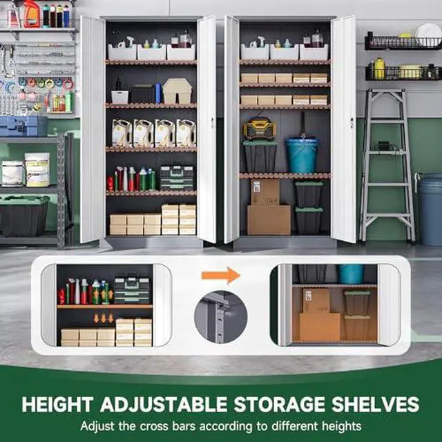 Alt view image 5 of 7 - Metal Garage Storage Cabinets with Lock Door and Adjustable Shelves, Steel Tool Cabinets for Home,Office,Warehouse Organisieren (Gery White, 71" H)