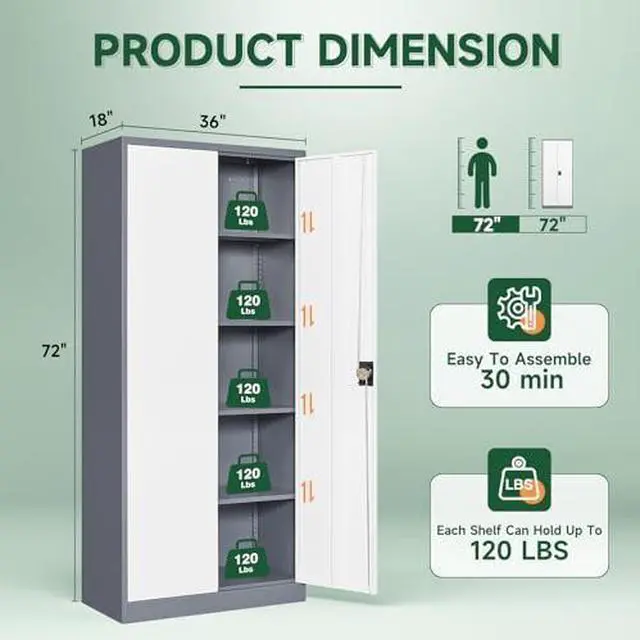 Alt view image 3 of 7 - Metal Garage Storage Cabinets with Lock Door and Adjustable Shelves, Steel Tool Cabinets for Home,Office,Warehouse Organisieren (Gery White, 72" H)