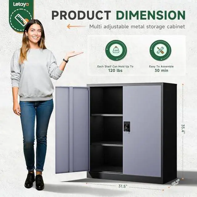 Alt view image 3 of 7 - Metal Storage Cabinets with Lock Door,2 Adjustable Shelves Organizer Steel Storage Cabinets for Home,Office,Warehouse,Garage,Employee Lockers(Black Gray)