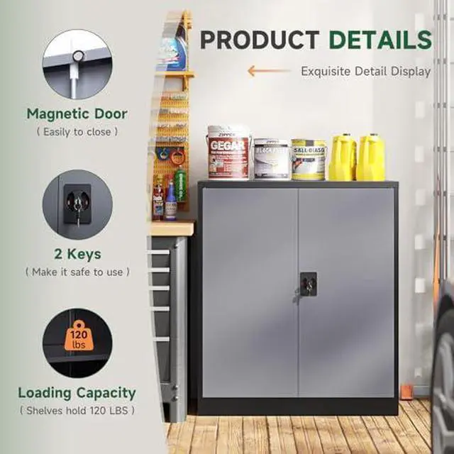 Alt view image 4 of 7 - Metal Storage Cabinets with Lock Door,2 Adjustable Shelves Organizer Steel Storage Cabinets for Home,Office,Warehouse,Garage,Employee Lockers(Black Gray)