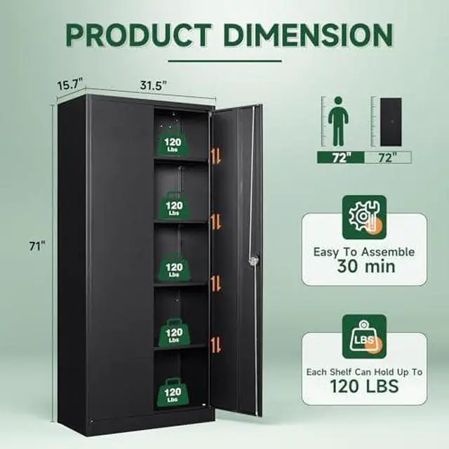 Alt view image 3 of 7 - Metal Garage Storage Cabinets with Lock Door and Adjustable Shelves, Steel Tool Cabinets for Home,Office,Warehouse Organisieren (Black)