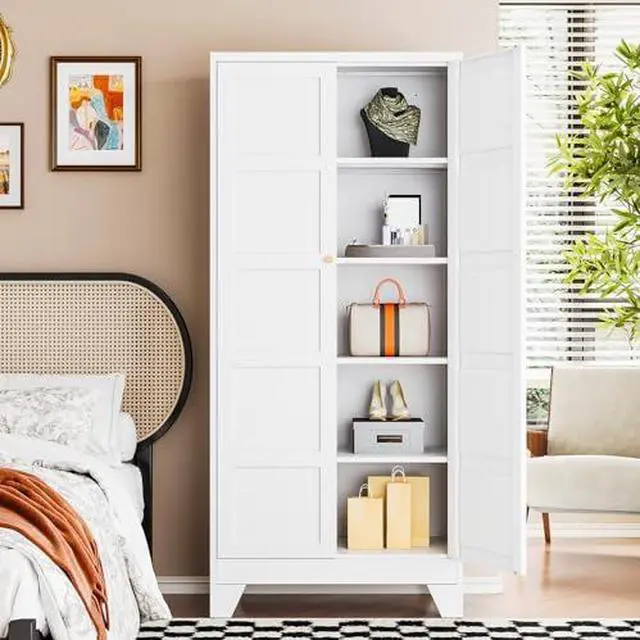 Alt view image 3 of 7 - 71" H Metal Storage Cabinet with 2 Doors and 4 Shelves,Tall Kitchen Pantry Cabinets,Utility Pantry Organizers for Cupboard/Dining/Bathroom/Home Office/Garage (White, 71" H x 16" D x 32" W)