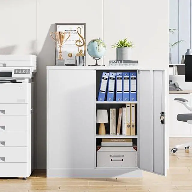 Alt view image 2 of 7 - Metal Storage Cabinets with Lock Door,2 Adjustable Shelves Organizer Steel Storage Cabinets for Home,Office,Warehouse,Garage,Employee Lockers(White)