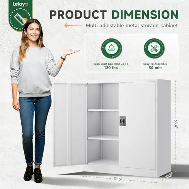 Alt view image 3 of 7 - Metal Storage Cabinets with Lock Door,2 Adjustable Shelves Organizer Steel Storage Cabinets for Home,Office,Warehouse,Garage,Employee Lockers(White)