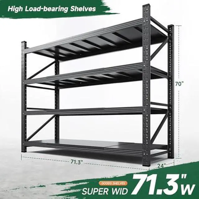 Alt view image 2 of 7 - 71.3" W Metal Storage Shelves,5000LBS Heavy Duty Garage Shelving Units, 4 Tier Adjustable Utility Rack Shelf,Large Industrial Shelves,for Shop,Warehouse,Black (71.3" W x 24" D x 70" H)