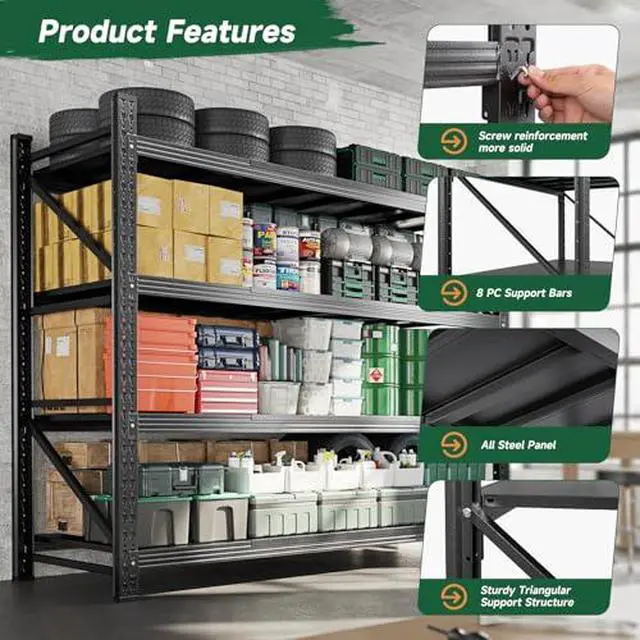 Alt view image 5 of 7 - 71.3" W Metal Storage Shelves,5000LBS Heavy Duty Garage Shelving Units, 4 Tier Adjustable Utility Rack Shelf,Large Industrial Shelves,for Shop,Warehouse,Black (71.3" W x 24" D x 70" H)