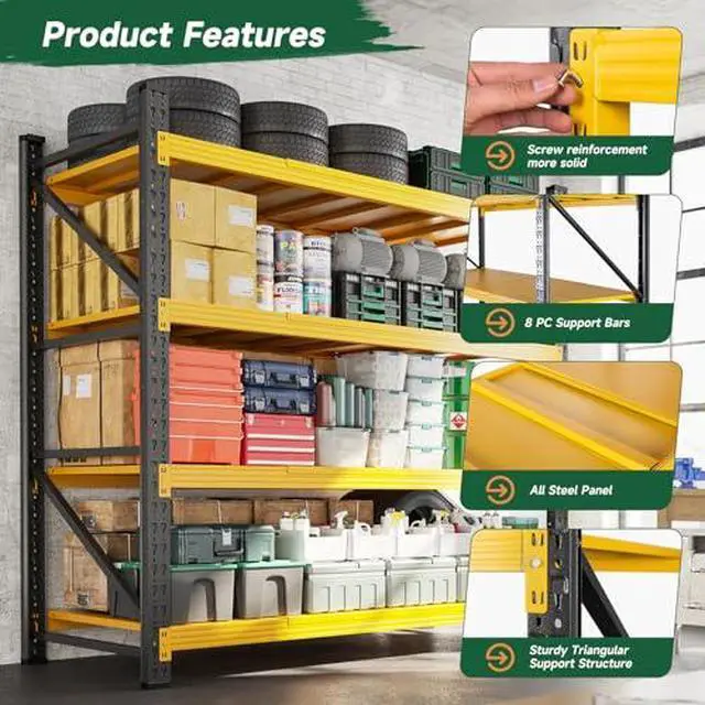 Alt view image 5 of 7 - 4000LBS Heavy Duty Storage Shelves,70" H Metal Garage Shelving Units,4 Tier Large Tall Industrial Shelving,Adjustable Utility Rack Shelf for Warehouse,Basement (Yellow, 60" W x 24" D x 70" H)