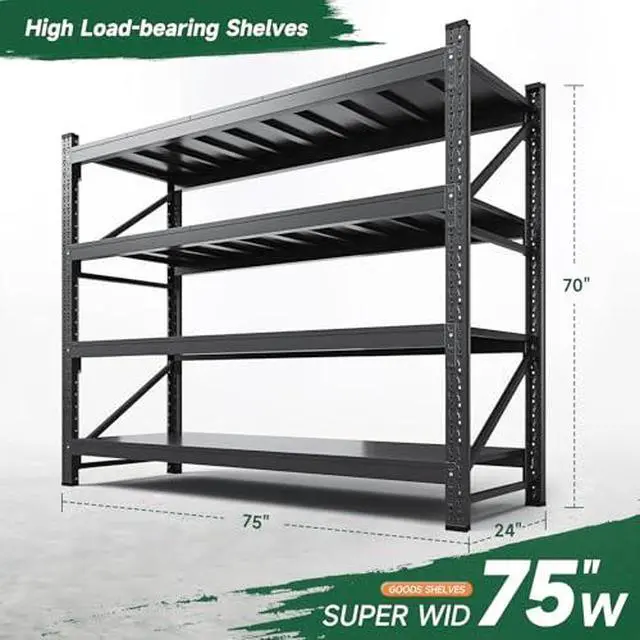 Alt view image 2 of 7 - 8000LBS Storage Shelves Heavy Duty,75" W Garage Shelving Units, 4 Tier Adjustable Utility Rack Shelf,Large Metal Industrial Shelves,for Shop,Warehouse,Basement,Black (75" W x 24" D x 70" H)