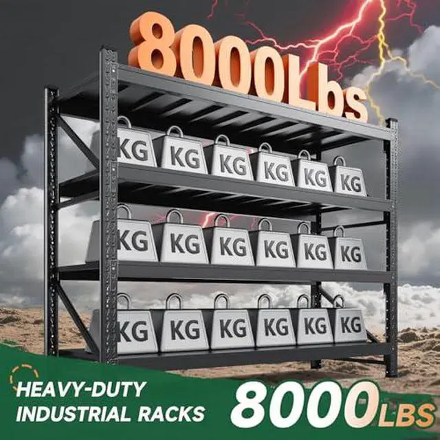 Alt view image 3 of 7 - 8000LBS Storage Shelves Heavy Duty,75" W Garage Shelving Units, 4 Tier Adjustable Utility Rack Shelf,Large Metal Industrial Shelves,for Shop,Warehouse,Basement,Black (75" W x 24" D x 70" H)