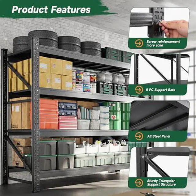 Alt view image 5 of 7 - 8000LBS Storage Shelves Heavy Duty,75" W Garage Shelving Units, 4 Tier Adjustable Utility Rack Shelf,Large Metal Industrial Shelves,for Shop,Warehouse,Basement,Black (75" W x 24" D x 70" H)
