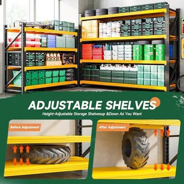 Alt view image 4 of 7 - 4000LBS Heavy Duty Storage Shelves,70" H Metal Garage Shelving Units,4 Tier Large Tall Industrial Shelving,Adjustable Utility Rack Shelf for Warehouse,Basement (Yellow, 60" W x 24" D x 70" H)