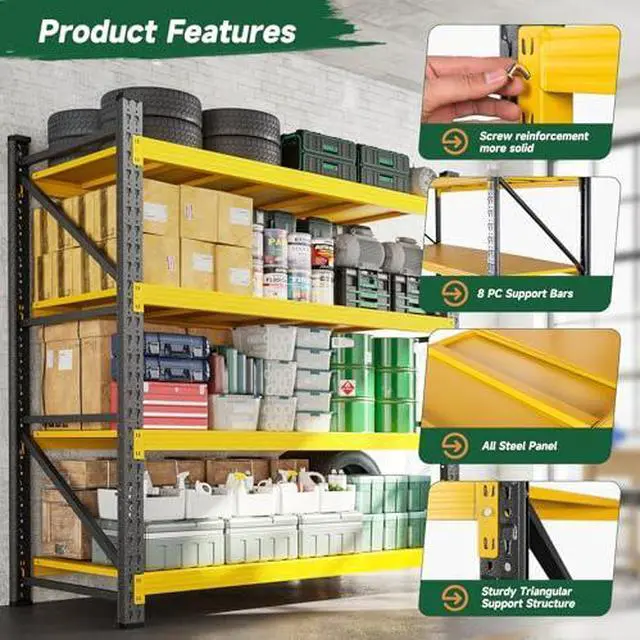 Alt view image 5 of 7 - 3000LBS Heavy Duty Storage Shelves,70" H Metal Garage Shelving Units,4 Tier Large Tall Industrial Shelving,Adjustable Utility Rack Shelf for Warehouse,Basement (Yellow, 48" W x 24" D x 70" H)