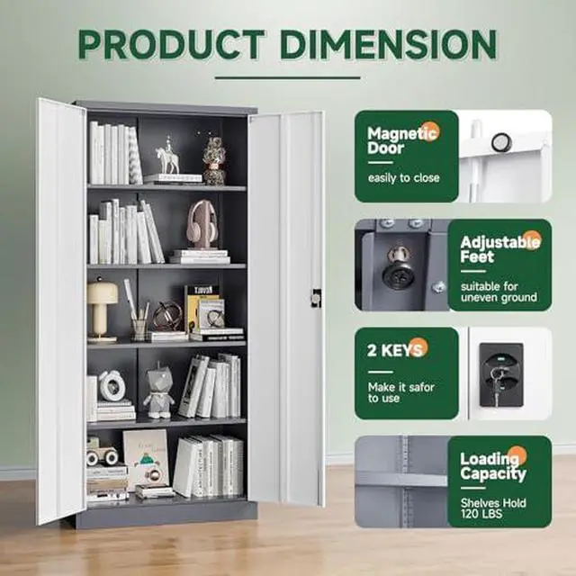 Alt view image 6 of 7 - Metal Garage Storage Cabinets with Lock Door and Adjustable Shelves, Steel Tool Cabinets for Home,Office,Warehouse Organisieren (Gery White, 71" H)
