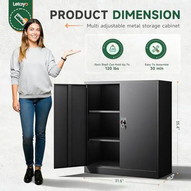 Alt view image 3 of 7 - Metal Storage Cabinets with Lock Door,2 Adjustable Shelves Organizer Steel Storage Cabinets for Home,Office,Warehouse,Garage,Employee Lockers(Black)