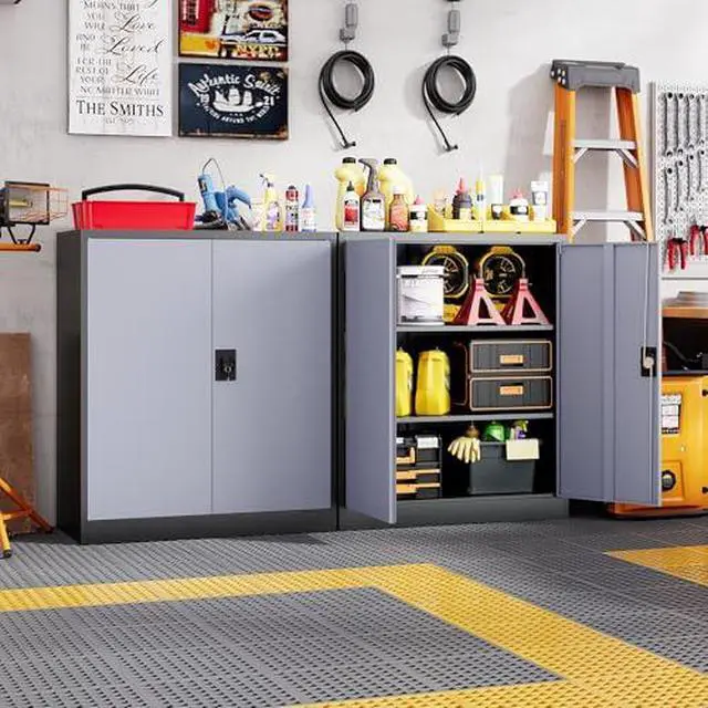 Alt view image 2 of 7 - Metal Storage Cabinets with Lock Door,2 Adjustable Shelves Organizer Steel Storage Cabinets for Home,Office,Warehouse,Garage,Employee Lockers(Black Gray)