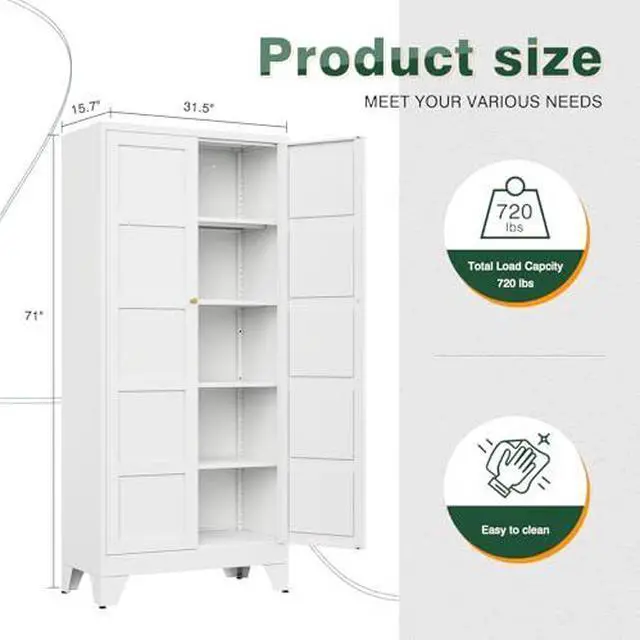 Alt view image 2 of 7 - 71" H Metal Storage Cabinet with 2 Doors and 4 Shelves,Tall Kitchen Pantry Cabinets,Utility Pantry Organizers for Cupboard/Dining/Bathroom/Home Office/Garage (White, 71" H x 16" D x 32" W)