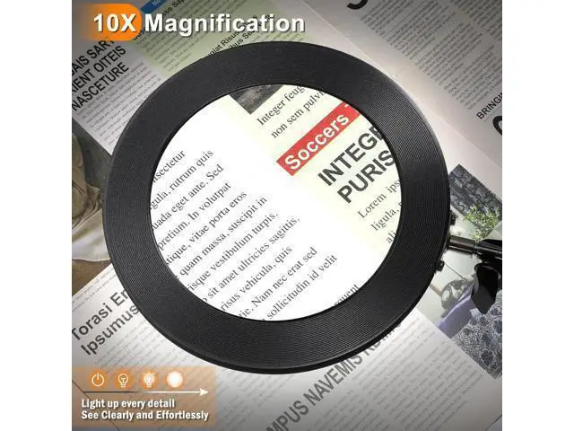 Alt view image 2 of 7 - Large 10X Magnifying Glass with Light, 5 in Real Glass Stand Lighted Magnifier, 3 Color Modes Steepless Dimmable LED Magnifying Desk Lamp with Clamp, Hands Free for Close Work Crafts Hobby