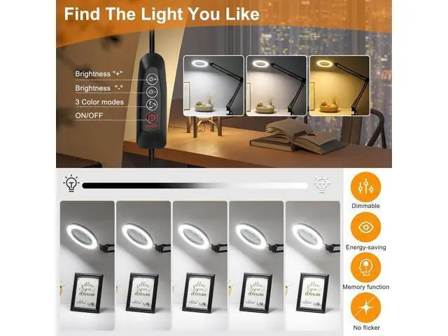 Alt view image 3 of 7 - Large 10X Magnifying Glass with Light, 5 in Real Glass Stand Lighted Magnifier, 3 Color Modes Steepless Dimmable LED Magnifying Desk Lamp with Clamp, Hands Free for Close Work Crafts Hobby