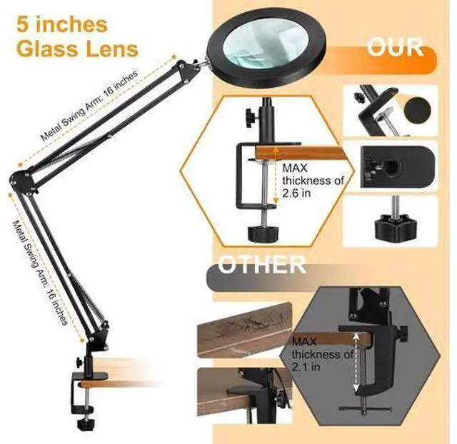 Alt view image 6 of 7 - Large 10X Magnifying Glass with Light, 5 in Real Glass Stand Lighted Magnifier, 3 Color Modes Steepless Dimmable LED Magnifying Desk Lamp with Clamp, Hands Free for Close Work Crafts Hobby