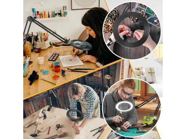Alt view image 7 of 7 - Large 10X Magnifying Glass with Light, 5 in Real Glass Stand Lighted Magnifier, 3 Color Modes Steepless Dimmable LED Magnifying Desk Lamp with Clamp, Hands Free for Close Work Crafts Hobby