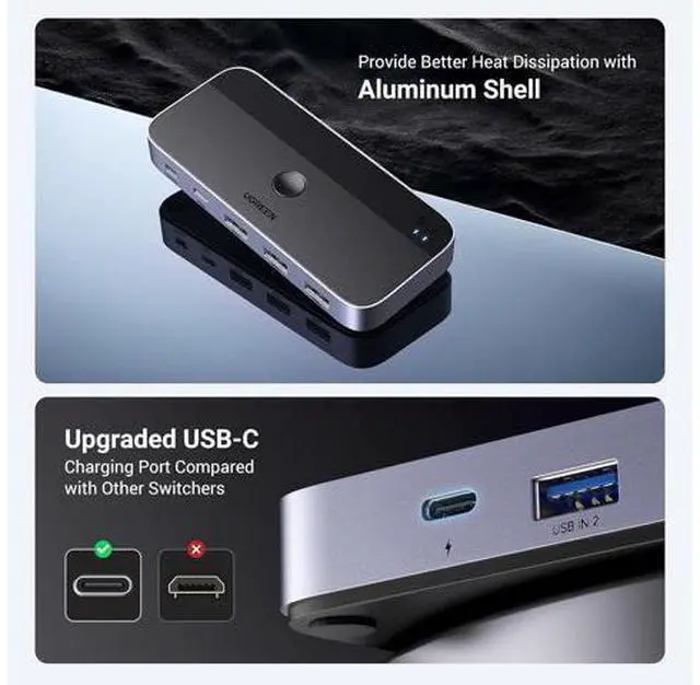 Alt view image 7 of 7 - UGREEN USB 3.0 Switch 2 Computers Sharing USB C & A Devices, 4 Port USB Switcher Sharing Keyboard and Mouse, Printer/Scanner USB Switch Hub for Two Computers with 2 USB3.0 Cables and Remote