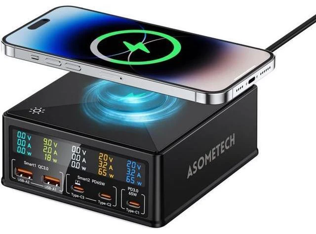 Main image of USB Charging Station,ASOMETECH 160W 5-Port USB C Charging Station with 65W PD USB-C Port,QC3.0 Port,Wireless Charger,LCD Display Multi Port Fast USB Charging Hub for MacBook,Laptop,iPad,iPhone,Samsung