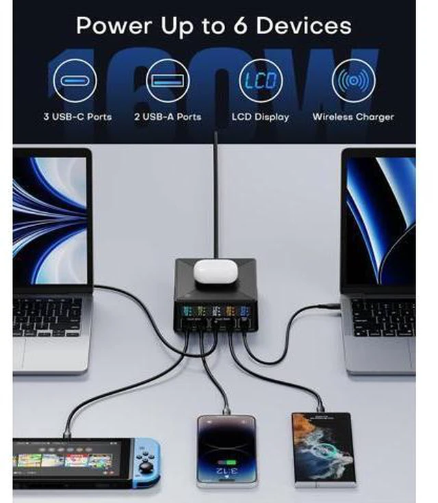 Alt view image 3 of 14 - USB Charging Station,ASOMETECH 160W 5-Port USB C Charging Station with 65W PD USB-C Port,QC3.0 Port,Wireless Charger,LCD Display Multi Port Fast USB Charging Hub for MacBook,Laptop,iPad,iPhone,Samsung