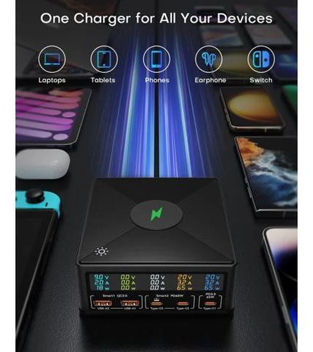 Alt view image 5 of 14 - USB Charging Station,ASOMETECH 160W 5-Port USB C Charging Station with 65W PD USB-C Port,QC3.0 Port,Wireless Charger,LCD Display Multi Port Fast USB Charging Hub for MacBook,Laptop,iPad,iPhone,Samsung