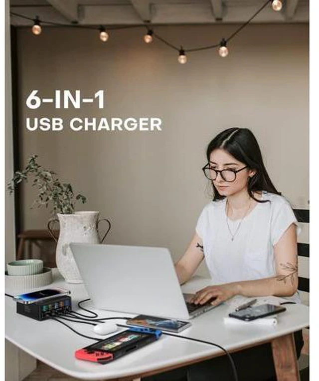 Alt view image 7 of 14 - USB Charging Station,ASOMETECH 160W 5-Port USB C Charging Station with 65W PD USB-C Port,QC3.0 Port,Wireless Charger,LCD Display Multi Port Fast USB Charging Hub for MacBook,Laptop,iPad,iPhone,Samsung