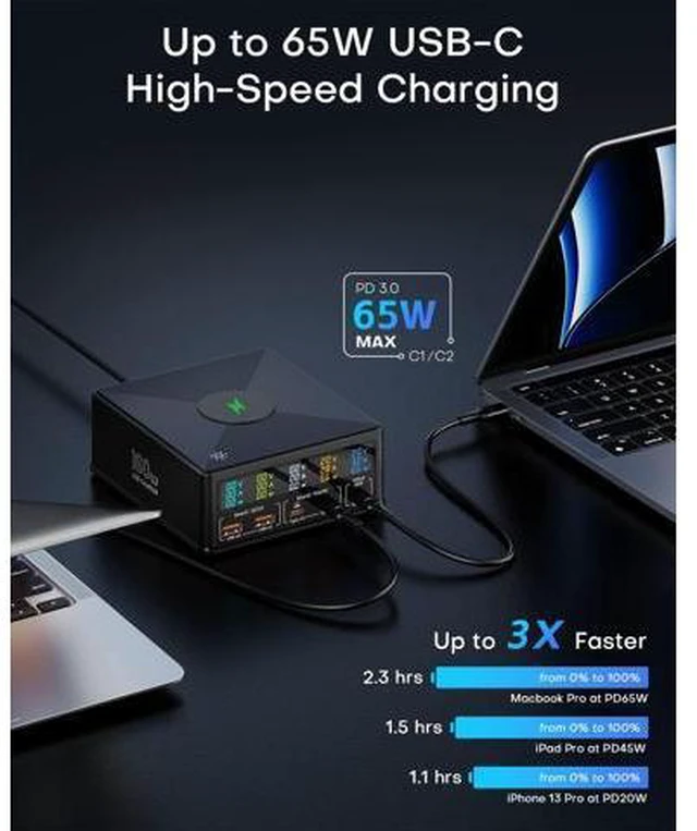 Alt view image 2 of 14 - USB Charging Station,ASOMETECH 160W 5-Port USB C Charging Station with 65W PD USB-C Port,QC3.0 Port,Wireless Charger,LCD Display Multi Port Fast USB Charging Hub for MacBook,Laptop,iPad,iPhone,Samsung