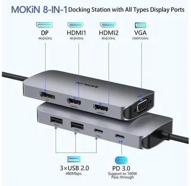 Alt view image 2 of 12 - USB C Docking Station Dual HDMI, MOKiN Docking Station 3 Monitors, Displayport, VGA, 100W PD Charging, 2USB A 2.0, USB C 2.0 Ports Multiport Adapter, 8 in 1 USB C Hub for Dell, HP, Lenovo Thinkpad