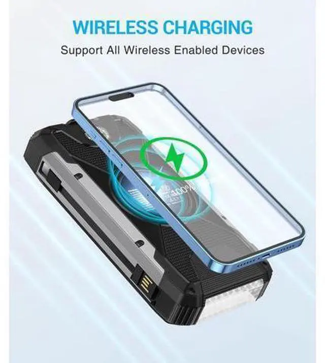Alt view image 3 of 14 - Solar Charger 38600mAh,Solar Power Bank Wireless Portable Charger Built in 3 Cables External Battery Pack Waterproof with 4 Outputs 2 Inputs USB C 15 W 5V/3A Battery Bank with Camping Light Compass