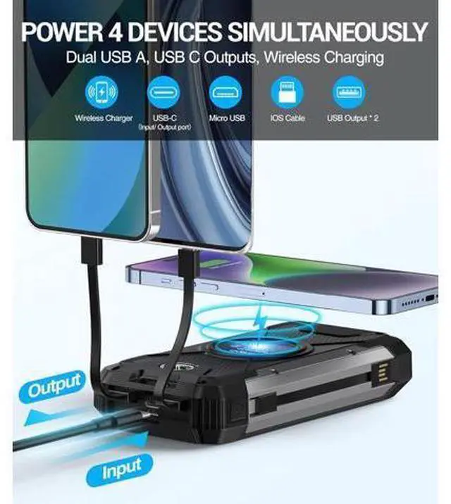 Alt view image 2 of 14 - Solar Charger 38600mAh,Solar Power Bank Wireless Portable Charger Built in 3 Cables External Battery Pack Waterproof with 4 Outputs 2 Inputs USB C 15 W 5V/3A Battery Bank with Camping Light Compass