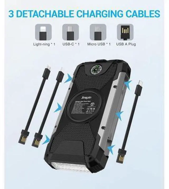 Alt view image 4 of 14 - Solar Charger 38600mAh,Solar Power Bank Wireless Portable Charger Built in 3 Cables External Battery Pack Waterproof with 4 Outputs 2 Inputs USB C 15 W 5V/3A Battery Bank with Camping Light Compass