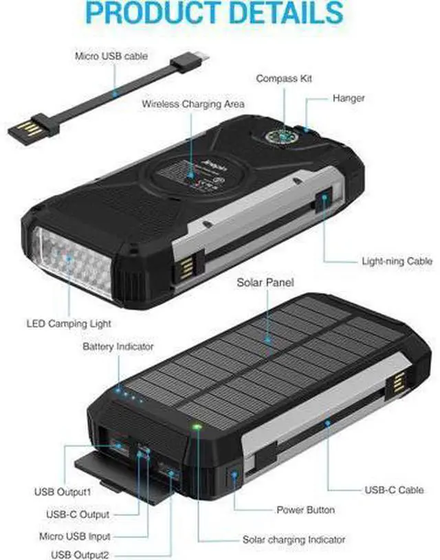 Alt view image 7 of 14 - Solar Charger 38600mAh,Solar Power Bank Wireless Portable Charger Built in 3 Cables External Battery Pack Waterproof with 4 Outputs 2 Inputs USB C 15 W 5V/3A Battery Bank with Camping Light Compass