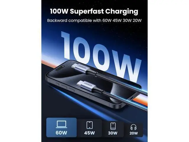 Alt view image 3 of 7 - UGREEN USB C to USB C Cable 2-Pack 3.3 ft. , 100W USB C Charger Cable for iPhone 15/15 Plus/15 Pro/15 Pro Max, MacBook Pro, iPad Pro, Dell XPS, Samsung Galaxy S24/S23/S22 Ultra, Switch, Pixel, Black