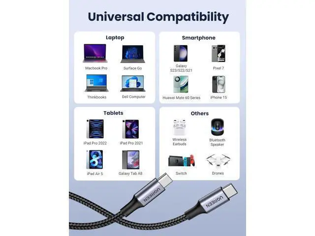 Alt view image 6 of 7 - UGREEN USB C to USB C Cable 2-Pack 3.3 ft. , 100W USB C Charger Cable for iPhone 15/15 Plus/15 Pro/15 Pro Max, MacBook Pro, iPad Pro, Dell XPS, Samsung Galaxy S24/S23/S22 Ultra, Switch, Pixel, Black