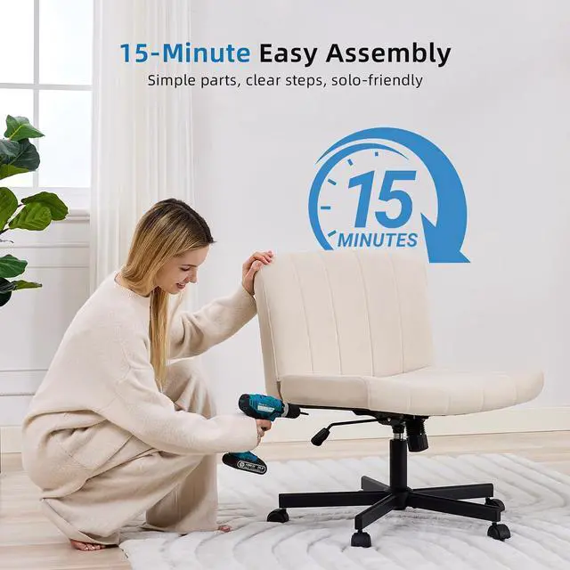 Alt view image 6 of 7 - Criss Cross Chair, Wide Cross Legged Desk Chair with Wheels, Comfy Fabric Vanity Chair for Home Office, Adjustable Armless Swivel Task Chair with 90115°Tilt300Lbs/Beige