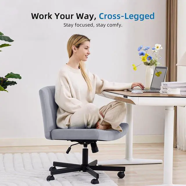 Alt view image 3 of 7 - amseatec Criss Cross Chair, Wide Cross Legged Desk Chair with Wheels, Comfy Fabric Vanity Chair for Home Office, Adjustable Armless Swivel Task Chair with 90115°Tilt300Lbs/Gray