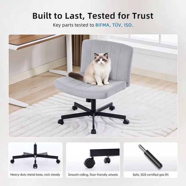 Alt view image 5 of 7 - amseatec Criss Cross Chair, Wide Cross Legged Desk Chair with Wheels, Comfy Fabric Vanity Chair for Home Office, Adjustable Armless Swivel Task Chair with 90115°Tilt300Lbs/Gray